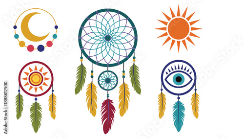A colorful illustration of dreamcatchers and celestial symbols on a white background