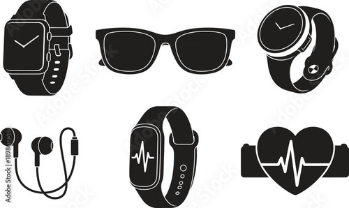 Smartwatch and fitness tracker icons with heart rate monitor