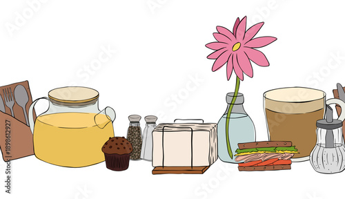 cafe interior horizontal seamless border. hand drawn illustration. Vector graphic line ink colored art. for cafe and restaurant interiors, menus, packaging, and product branding.