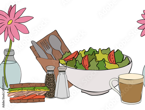 Salad, coffee, sandwich, fork, flower, cafe interior horizontal seamless border. hand drawn illustration. Vector graphic line ink colored art. for package, holiday design, fabric and textile.