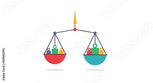 Social Justice and Equality: Abstract People Icons Balanced on a Scale of Justice. Flat Design Concept Illustration.