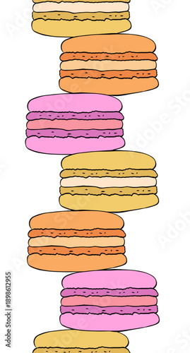 vertical seamless border with colorful macarons hand drawn illustration. Vector graphic line ink colored art. design for fashion graphics, textile prints, fabrics, wallpapers.