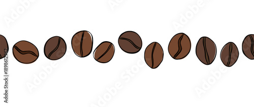 coffee symbol beans horizontal seamless border. hand drawn illustration. Vector graphic line ink colored art. For organic product packaging, culinary branding, herbal labels,