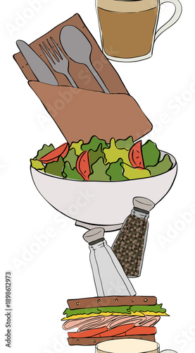 Salad, coffee, sandwich, fork, flower, cafe interior vertical seamless border. hand drawn illustration. Vector graphic line ink colored art. for package, holiday design, fabric and textile.