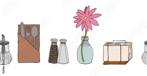 Cafe interior salt pepper fork napkin horizontal seamless border. hand drawn illustration. Vector graphic line ink colored art. For poster, flyer, banner, invitation, social media, party or sale