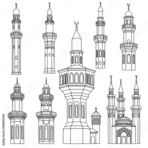 Traditional Islamic minaret variations black vector set on white background