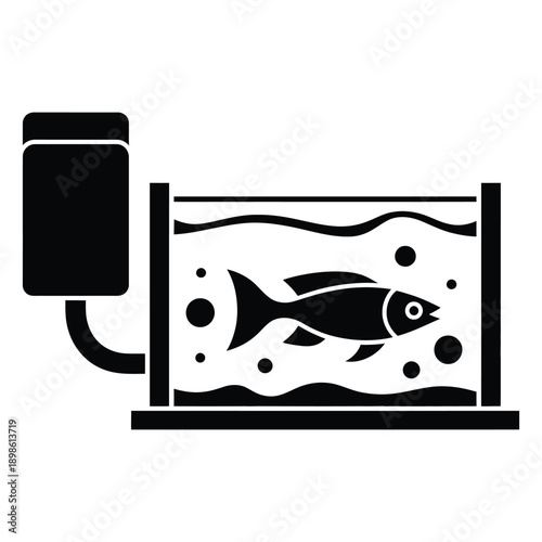 Black and white illustration of fish in aquarium with filter icon