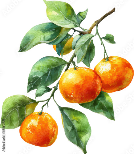 Fresh oranges hanging from a lush green branch with leaves isolated on transparent background