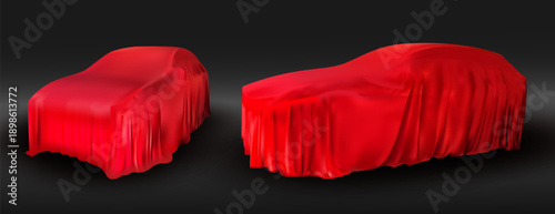 Set of realistic cars covered with red silk cloth isolated on black background. New car presentation concept for dealership or showroom, auto surprise under scarlet fabric. Premium auto, vector.