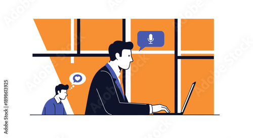 Digital Office Communication: Man uses voice recognition on laptop while observing colleague expresses positive feedback (heart icon).