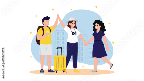 Three friends high-fiving and traveling together in a city