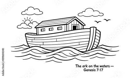Noah's Ark floats on wavy waters under a sunny sky with clouds and birds