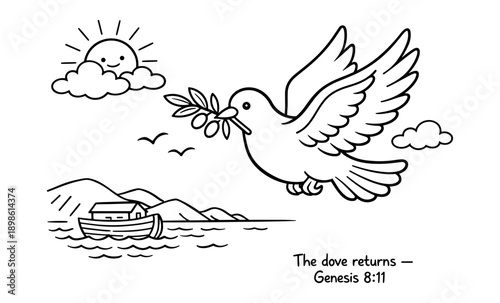 Noah's dove returns with an olive branch, symbolizing peace and new beginnings