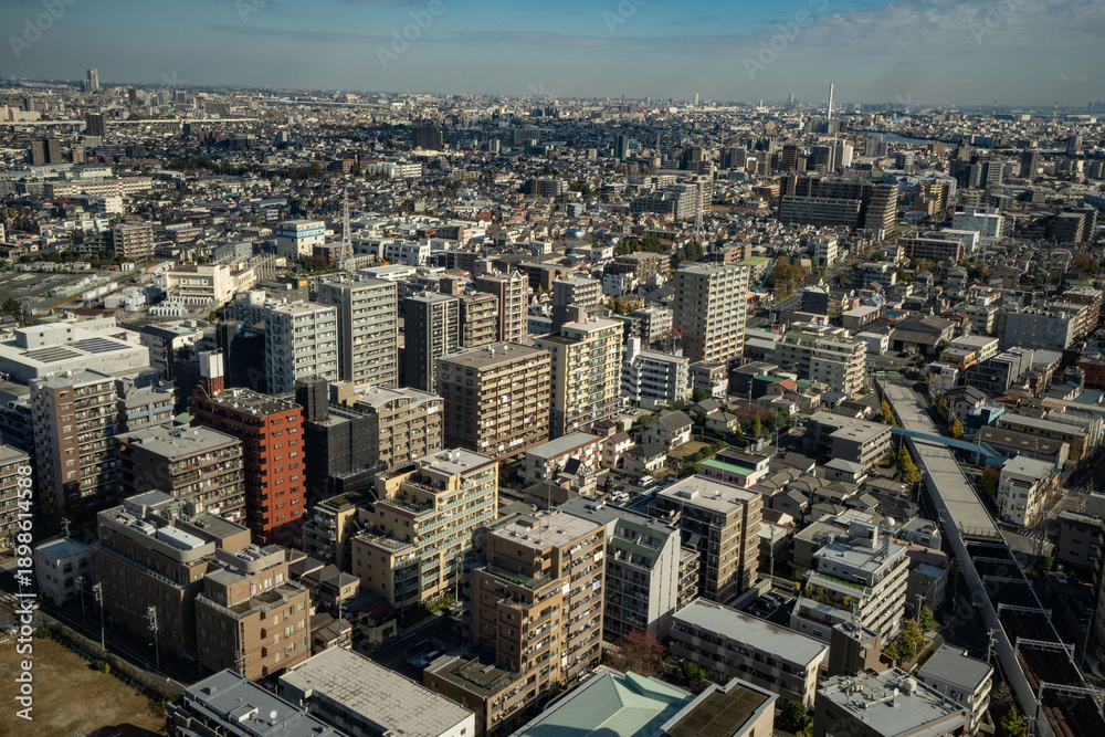 Obraz premium 東京江戸川区の船堀タワーホールからの眺め、東京江戸川区の眺め、密集した東京の住宅地、青空の下の大都会東京
