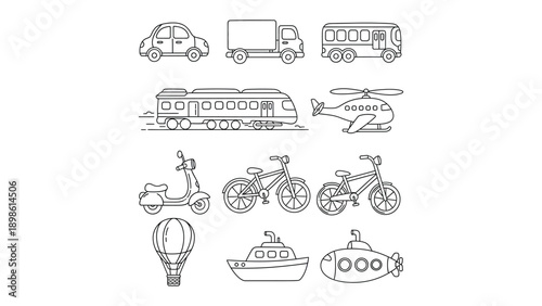 Transportation Symphony: A collection of various transportation vehicles in clean and minimalist outline style, ready for various design purposes.