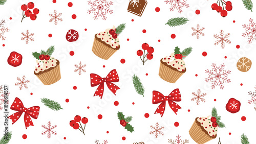 Festive Christmas seamless pattern with delicious cupcakes, red polka dot bows, snowflakes, and berries on white.