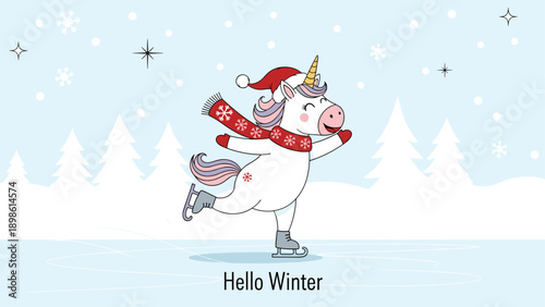 Cute white unicorn character wearing a santa hat and scarf while ice skating on a frozen lake in a winter landscape.