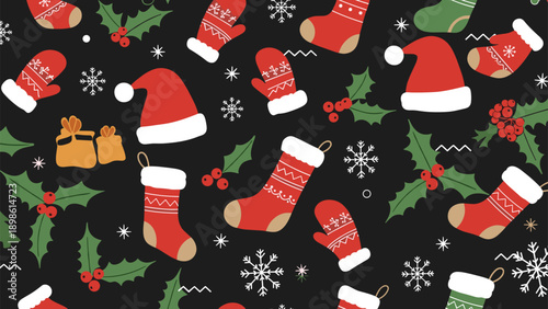 Fun Christmas seamless pattern featuring Santa hats, stockings, mittens, holly, and snowflakes on a black background.