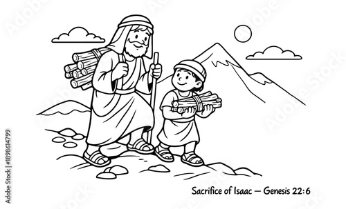 Abraham and Isaac journeying to Mount Moriah with firewood for sacrifice