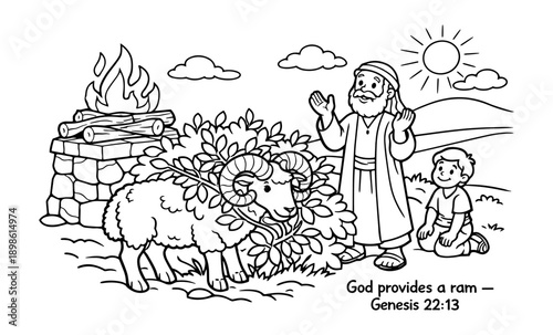 Biblical scene of Abraham and Isaac with a ram caught in bushes, Genesis 22:13