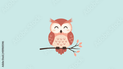 Adorable little brown owl sitting peacefully on a tree branch with pink leaves against a soft blue background.