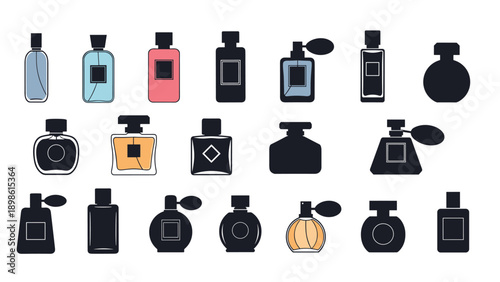 Stylish collection of various perfume bottle icons in different shapes and colors for beauty and fashion products.