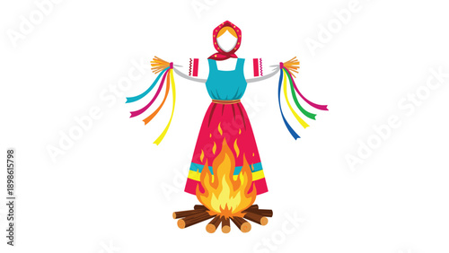 Colorful traditional Russian Maslenitsa doll effigy made of straw and cloth standing over a bonfire for spring festival.
