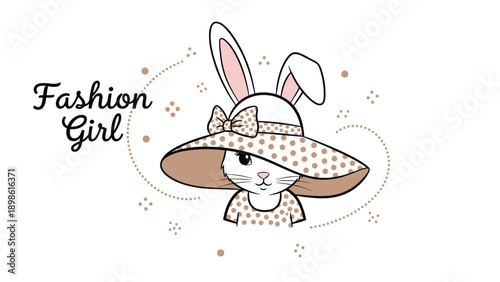 Adorable cartoon bunny girl wearing a large brown polka dot hat and matching dress with fashion girl text.