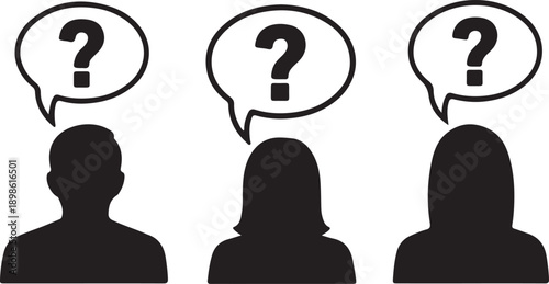 People silhouettes with question mark speech bubbles representing questions and discussion
