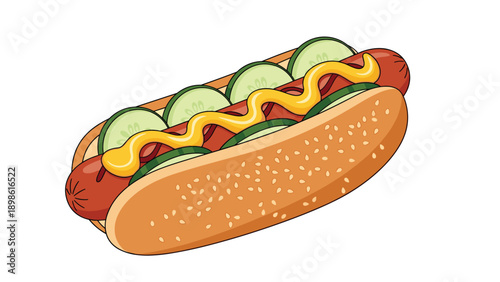 Detailed illustration of a tasty hot dog with a sesame bun cucumber slices and a squiggle of yellow mustard.