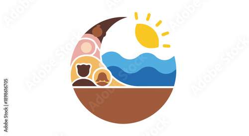 Diverse Global Community Icon: People of Different Skin Tones with Sun, Sea, and Earth Symbolizing Unity, Inclusion, and Sustainability.