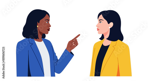 Workplace Conflict: Diverse Businesswomen Arguing. Manager Reprimanding Colleague with Pointing Finger. Vector Illustration.