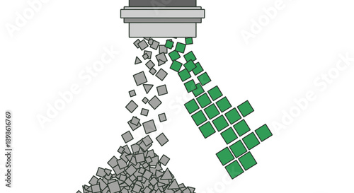 Data Filtering and Sorting Concept: Abstract vector showing green quality elements being selected from falling grey mixed shapes, representing optimization and selection.