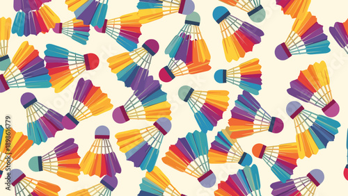 Vibrant seamless pattern of colorful badminton shuttlecocks or birdies scattered on a light cream background.