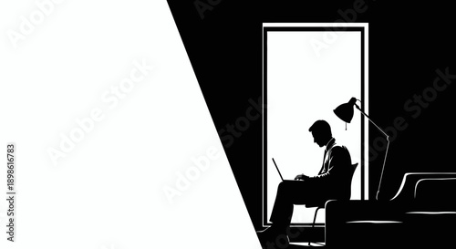 High-Contrast Silhouette of Man Working on Laptop in Dark Office Interior Against Bright Window. Minimalist Illustration with Ample White Copy Space.