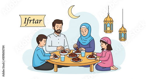Muslim Family Enjoying Iftar Meal Together During Ramadan Celebration.
