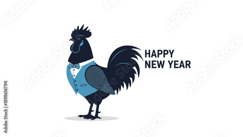 Illustration of a stylish black rooster wearing a blue vest and bow tie with Happy New Year greeting text.