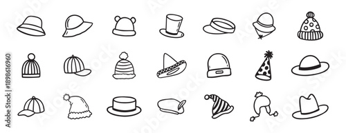 hat doodle hand drawn icon set. Outline drawing hats line clipart symbol collection