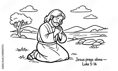 Jesus kneels in prayer outdoors with mountains and a lake in the background