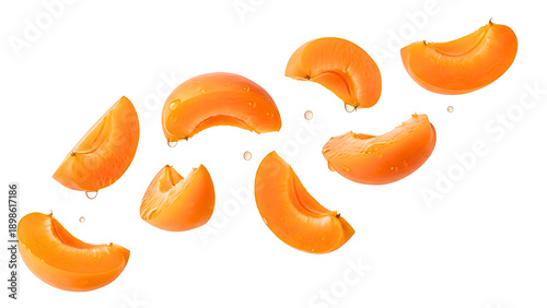 A vibrant image of juicy peach slices suspended in mid air, glistening with water droplets against a clean white background, capturing the freshness and succulence of the fruit.