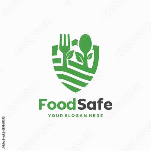 Food safety logo combining garden fork spoon and shield. Represents healthy organic food protection hygiene quality and trusted nutrition branding.