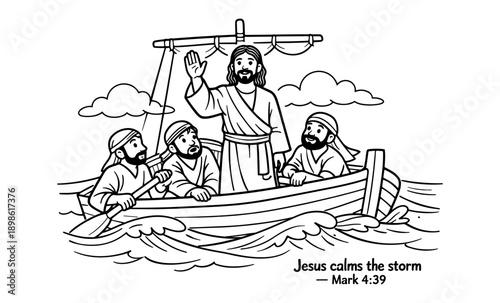 Jesus calms the storm on the Sea of Galilee with his disciples in a boat