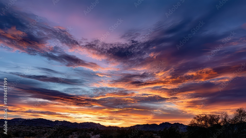 Fototapeta premium Dramatic interplay of deep purple and fiery orange colors saturates the vast sky above a silhouetted desert horizon.