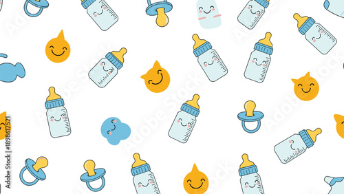 Adorable seamless pattern for newborns featuring happy cartoon baby bottles, pacifiers, and smiling yellow droplets.
