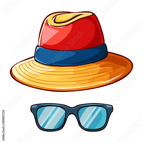 Classic straw sun hat and blue sunglasses set for summer beach travel and vacation Graphic Asset