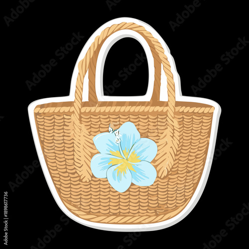 Handcrafted wicker beach bag with blue tropical flower detail for summer holiday and vacation Graphic Asset