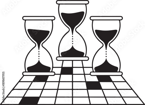 Three hourglasses aligned on a checkered surface depicting the passage of time Vector