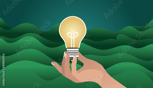 Stylized Hand Holding Glowing Light Bulb over Abstract Green Hills for Innovation and Idea Concept