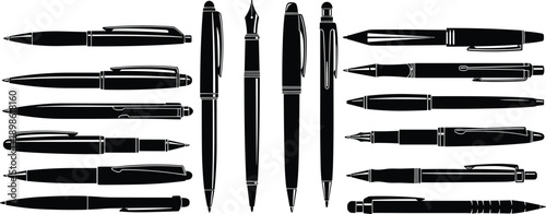 Pen silhouettes collection featuring fountain, ballpoint and roller pens showing writing instruments set for office, business and education isolated on white background