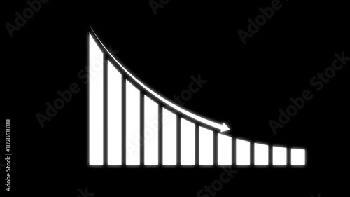 White declining bar graph on black background chart. Abstract decreasing business graph chart animation background.